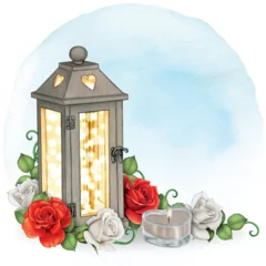 Fotobehang watercolor romantic corner with roses and lanterns © angela0982