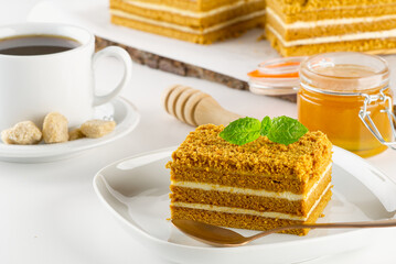 Homemade Honey cake. Honey cake Medovik, layer cake on white plate. Closeup view. sweet dessert cake. Slice of layered honey cake selective focus.