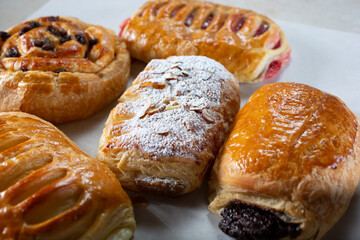 A view of a variety of phyllo dough pastries.