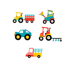 tractor and truck collection. Cute vehicle icon .cute tractor design for print ,fabric ,book cover