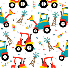 Farm pattern design.Cute tractor  and windmill on white background. pattern.tractor pattern design for kids clothing ,card, fabric.Countryside