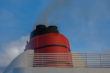Close up detail view of legendary red black funnel of transatlantic ocean liner cruiseship cruise...