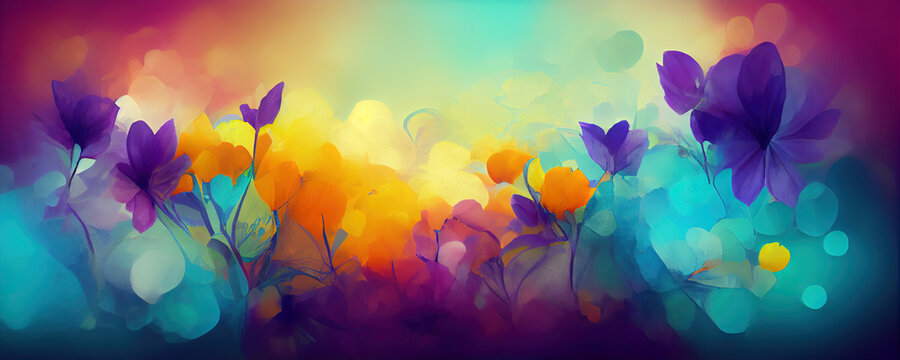 Colorful abstract spring flowers field background, web header