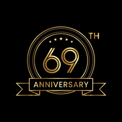 69th Anniversary Template design with golden text and ribbon. Logo Vector Template