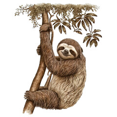 cute sloth hanging from a tree illustration on isolated background