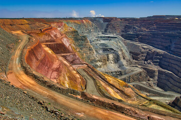 The Super Pit or Fimiston Open Pit, the largest open pit gold mine of Australia, along the...