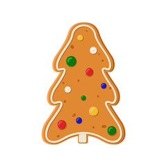 Gingerbread biscuit cookie decorated with colored icing in shape of christmas tree