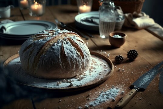 fresh bread on a table covered in flour. idea of a traditional bakery and healthy eating. rustic fashion. generative AI