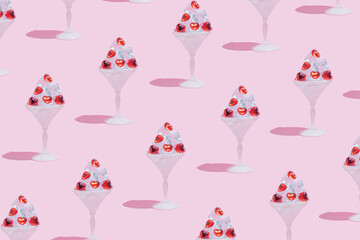 Seamless pattern of cocktail glass full of ice cubes with red hearts. Surreal love or fashion idea in a minimalist style.