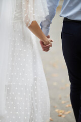 The bride and groom hold hands. Wedding The concept of a wedding celebration 
