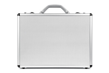 Metal case on white background. Metallic rivets of a road case. Photo of a isolated road case or flight case with reinforced metal corners and wheels. 