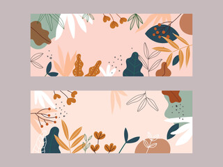 Set of tropical flowers and leaves hand drawn vector illustration background.
