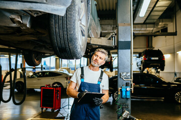 Grey haired auto mechanic checking running gear of automobile on service station.
