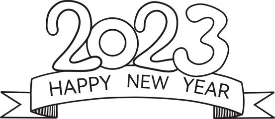 Happy New Year 2023 doodle in black isolated over white background.
