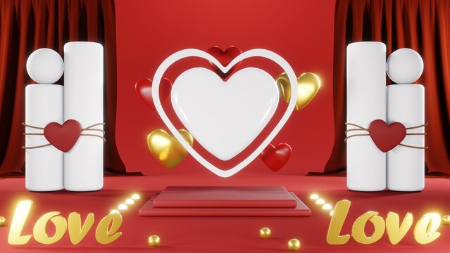 3D rendering of red podium for Valentine products on Valentine's Day.
