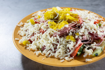 A view of an antipasto salad plate.