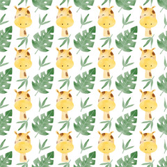 African animals watercolor pattern. Jungle animal giraffe seamless watercolor background. Hand painted wild animals illustration isolated on white background. Nursery wallart