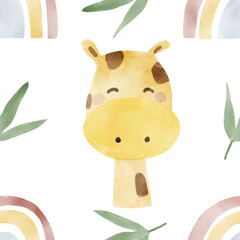 African animals watercolor pattern. Jungle animal giraffe seamless watercolor background. Hand painted wild animals illustration isolated on white background. Nursery wallart
