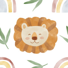 African animals watercolor pattern. Jungle animal lion seamless watercolor background. Hand painted wild animals illustration isolated on white background. Nursery wallart