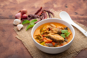Tom yum pla,Creamy spicy soup with snake head fish tomato and mushroom,Thai hot and sour soup