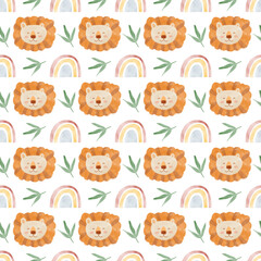 African animals watercolor pattern. Jungle animal lion seamless watercolor background. Hand painted wild animals illustration isolated on white background. Nursery wallart