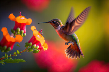 Hummingbird flying to pick up nectar from a beautiful flower. Digital artwork	
