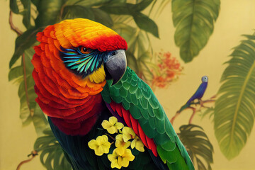 Fototapeta premium Colorful parrot in exotic jungle full of tropical leaves and large flowers. Amazing tropical floral patten for print, web, greeting cards, wallpapers, wrappers. Digital artwork