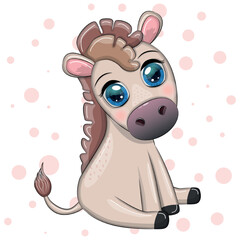 Cute donkey in flowers, with balloons, spring theme. Postcard for the holiday.