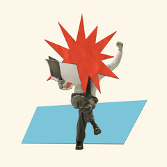 Contemporary art collage. Businessman reading newspaper with blank space instead head. Business...