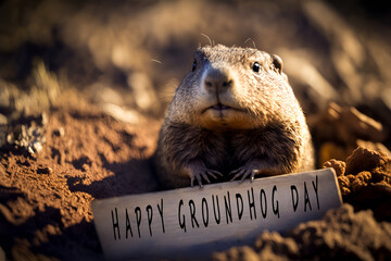 Celebrating Groundhog Day and Forecast: A Groundhog Emerges from its Burrow with a Happy Groundhog Day Sign