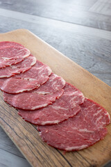 A view of raw slices of beef tenderloin.
