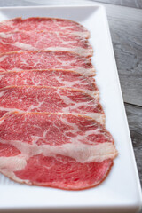 A view of a plate of raw slices of beef chuck roll.