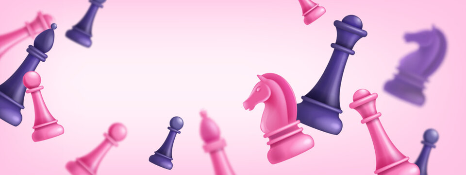 3D chess pink game background, vector tournament announcement banner, queen gambit, bishop, knight. Flying figure, pawn, online competition leadership advertisement. 3D chess success pink poster