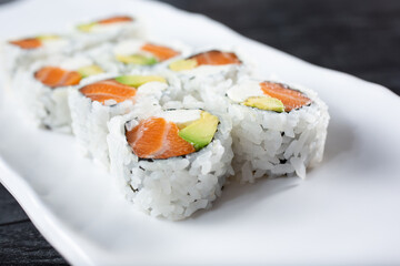 A closeup view of a Philly roll.
