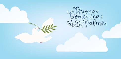 Buona Domenica delle Palme translation from italian Happy Palm Sunday. Handwritten calligraphy lettering, white dove carrying olive branch vector illustration.