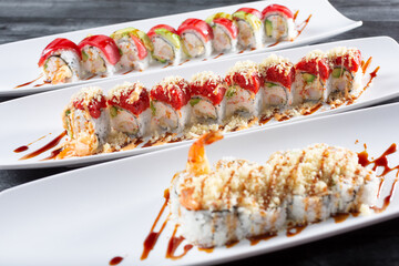 A view of a variety of sushi rolls.
