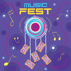 Retro colored music fest poster with cassettes Vector