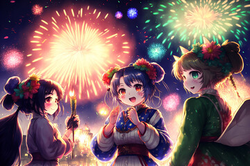 New Year's Kemonomimi: A Beautiful Female Characters with Animal Ears and Tails Celebrates Surrounded by Fireworks