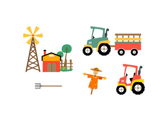 Farm object design.cute farm with  tractor, windmill, bran .Countryside design for kids, book cover, kids clothing, card.