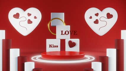 3D rendering of red podium for Valentine products on Valentine's Day.