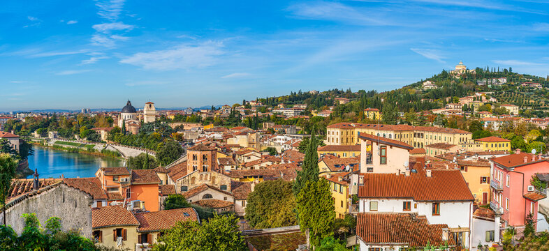 Verona, Veneto, Italy - Panoramic view of the city with the church of Saint George in Braida and the Sanctuary of Our Lady Lourdes