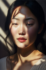 Fototapeta na wymiar Portrait of a beautiful chinese woman with sunlight streaming through her blinds AI Generative