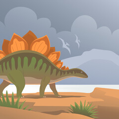 Stegosaurus with spikes on the tail. Herbivorous dinosaur of the Jurassic period. Prehistoric wildlife landscape. Cartoon vector illustration