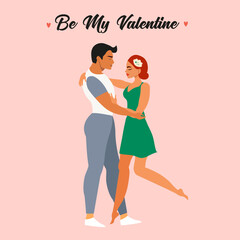 Illustration for Valentine's Day with a young couple in love. The guy and the girl smile and hug. cute lovers