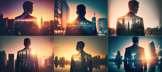 A business man, a businessman with a double exposure, standing with his back during sunrise against the background of a modern city. 3d illustration - obrazy, fototapety, plakaty