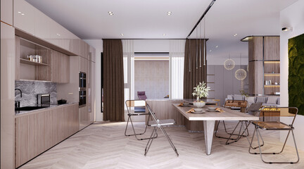 3d rendering,3d illustration, Interior Scene and  Mockup,kitchen and dining room modern scandinavian style.