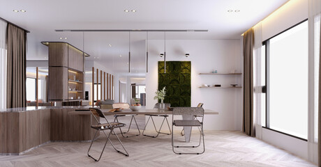 3d rendering,3d illustration, Interior Scene and  Mockup,kitchen and dining room modern scandinavian style.