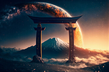 The majesty of Fuji mountain and the Torii gate, set against the cosmic wonder of the galaxy and stars