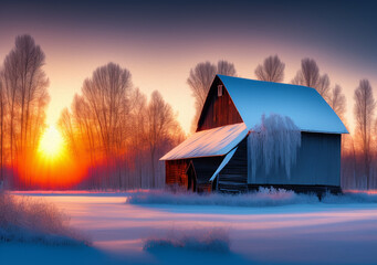 Old barn in the winter landscape at sunrise. Digital art with oil painting effect, created by generative artificial intelligence