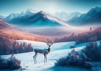 Lonely deer in the winter landscape at sunrise. Digital art with oil painting effect, created by generative artificial intelligence